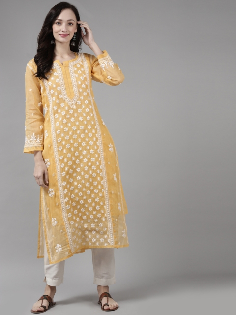 

ADA Women Beige & White Ethnic Motifs Hand Embroidered Chikankari Kota Kurta with a Slip