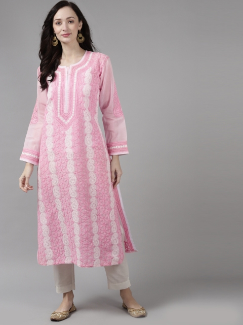 

ADA Women Pink & White Ethnic Motifs Hand Embroidered Chikankari Kurta