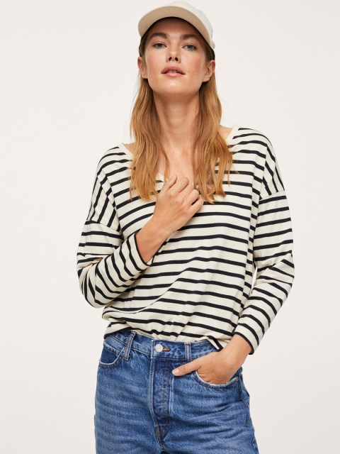 

MANGO Women Off White Black Striped Pure Cotton Drop-Shoulder Sleeves Pure Cotton T-shirt