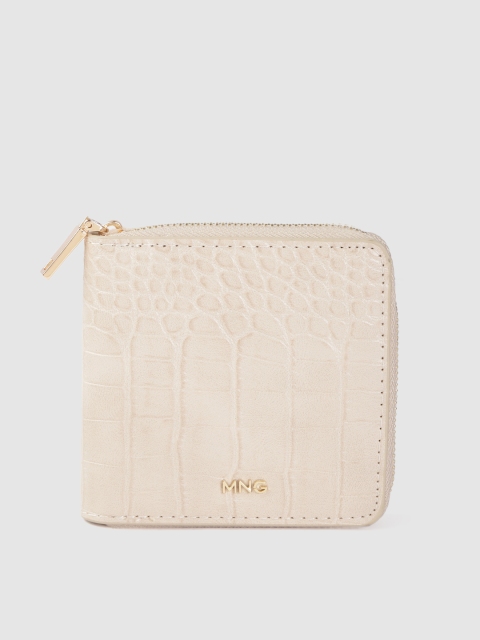 

MANGO Women Cream-Coloured Croc Textured Zip Around Wallet