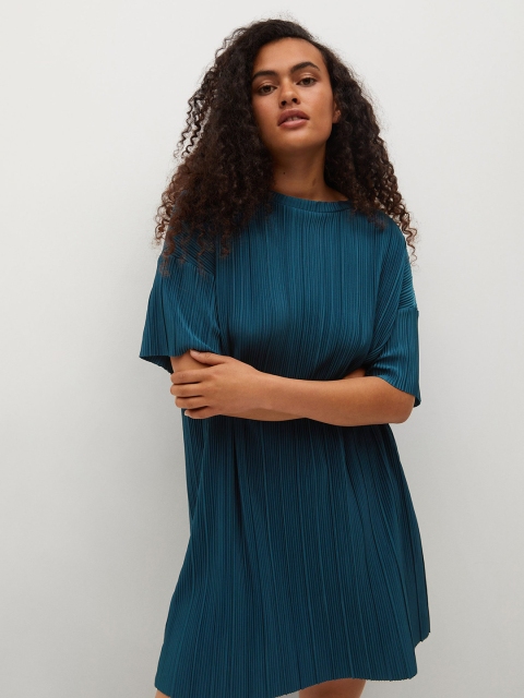 

MANGO Teal Blue Accordion Pleated Shift Dress