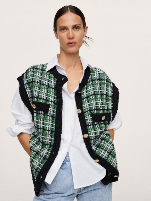 

MANGO Women Green & Black Checked Cardigan