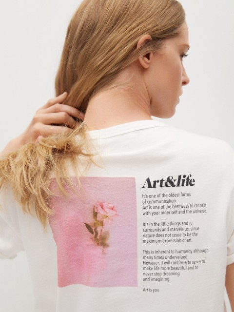 

MANGO Women White Pink Cotton Back Typography Printed Extended Sleeves Pure Cotton T-shirt