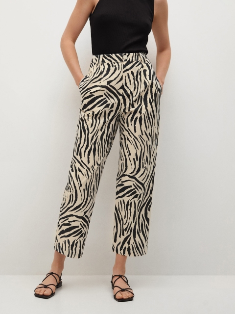 

MANGO Women Off White & Black Pure Cotton Animal Printed Trousers