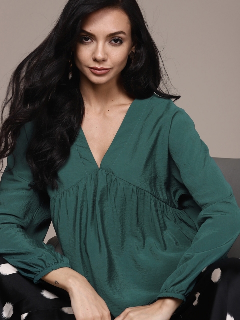 

MANGO Green Solid Gathered V-Neck Empire Top