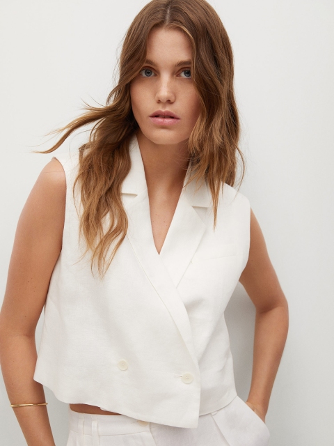 

MANGO Women Off-White Solid Linen Waistcoat