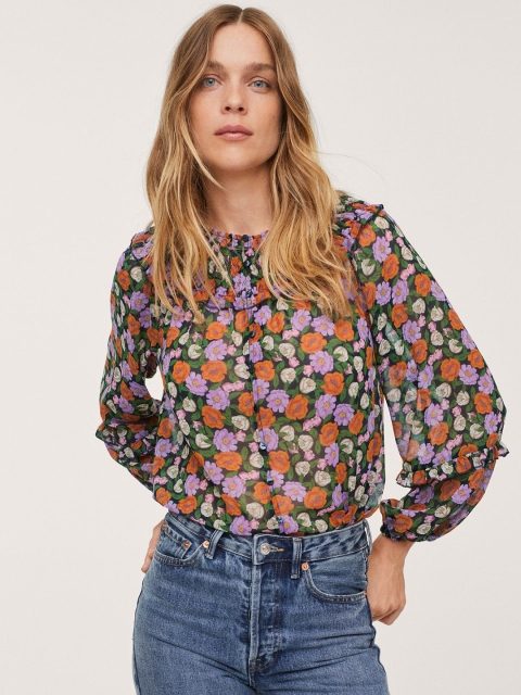 

MANGO Black & Orange Floral Print Regular Top