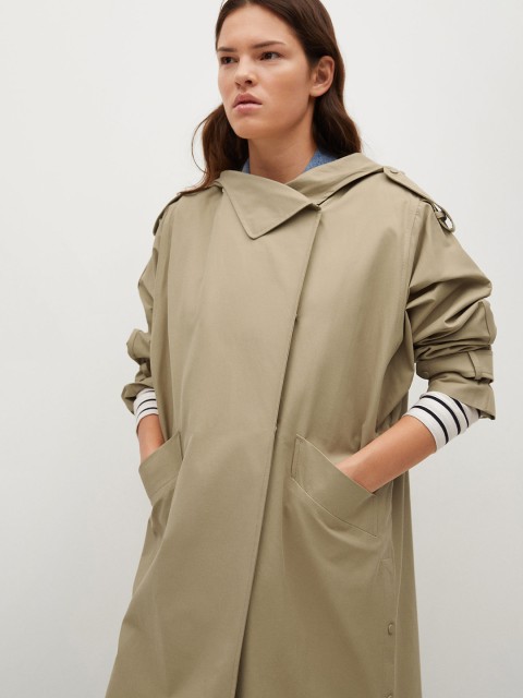 

MANGO Women Beige Solid Longline Hooded Trench Coat