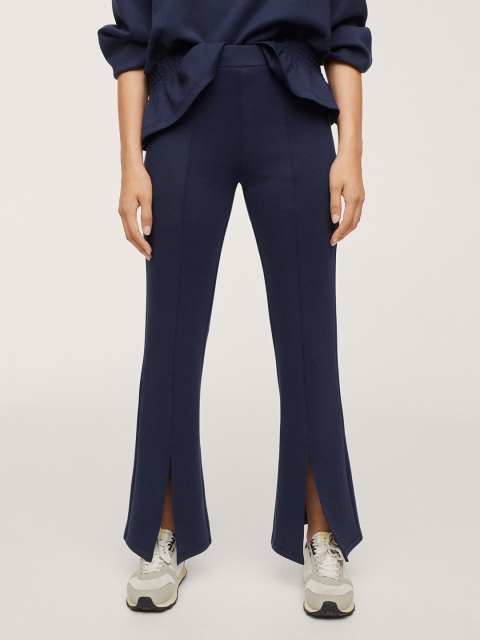 

MANGO Women Navy Blue Solid Flowy Parallel Trousers with Slit Detail