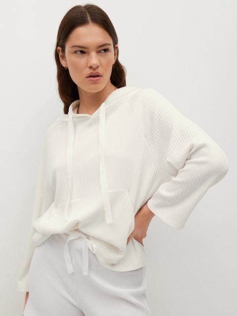 

MANGO Women White Self-Striped Hooded Sweatshirt