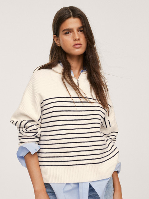 

MANGO Women Off White & Black Striped Pullover