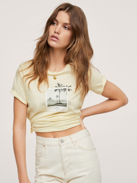 

MANGO Women Yellow Green Graphic Printed Pure Cotton T-shirt