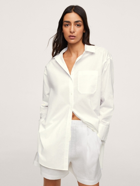 

MANGO Women White Opaque Cotton High-Low Shirt