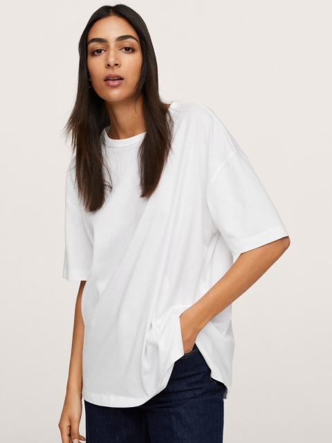 

MANGO Women White Solid Drop-Shoulder Sleeves Loose Pure Cotton T-shirt