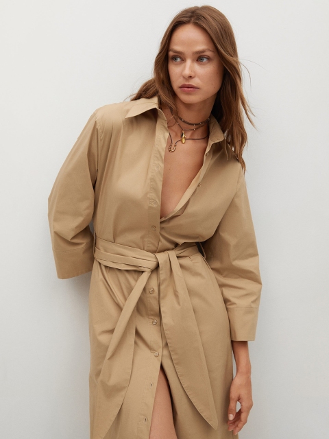 

MANGO Beige Solid Midi Shirt Dress with Belt