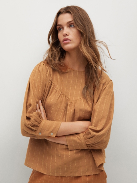 

MANGO Rust Orange Striped Bishop Sleeves Top