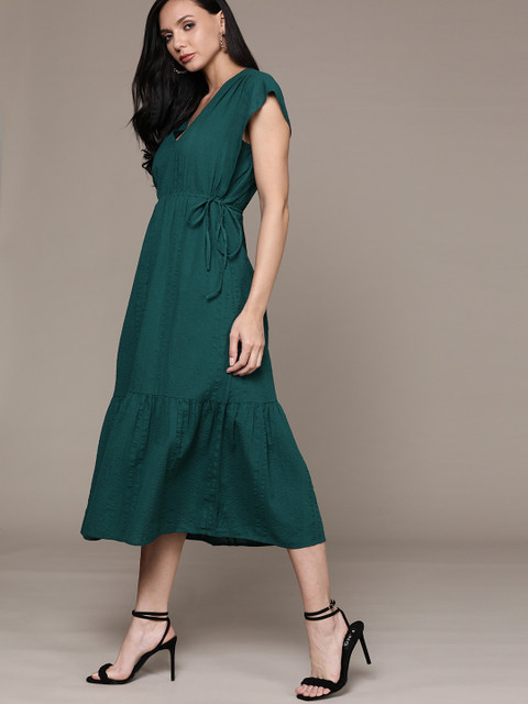 

MANGO Women Teal Green Self Designed Pure Cotton A-Line Midi Dress