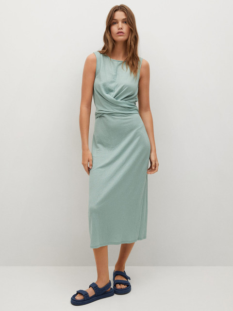 

MANGO Blue Solid Knot Midi Shift Dress