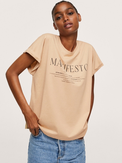 

MANGO Women Peach-Coloured Black Typography Printed Pure Cotton Extended Sleeves Pure Cotton T-shirt