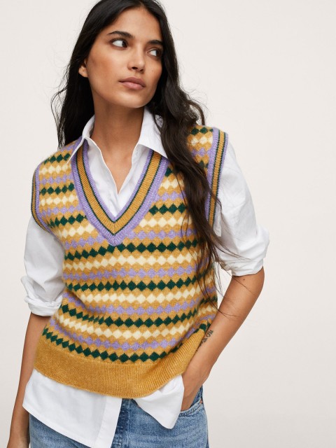 

MANGO Women Mustard Yellow & Green Self-Design Sweater Vest