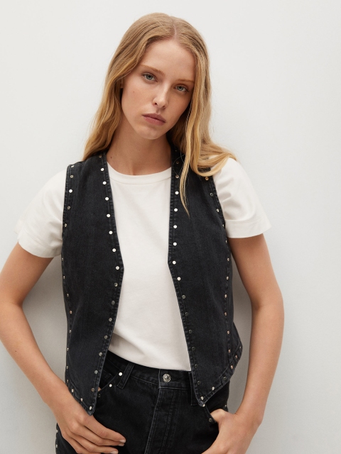 

MANGO Women Black Solid Pure Cotton Denim Waistcoat