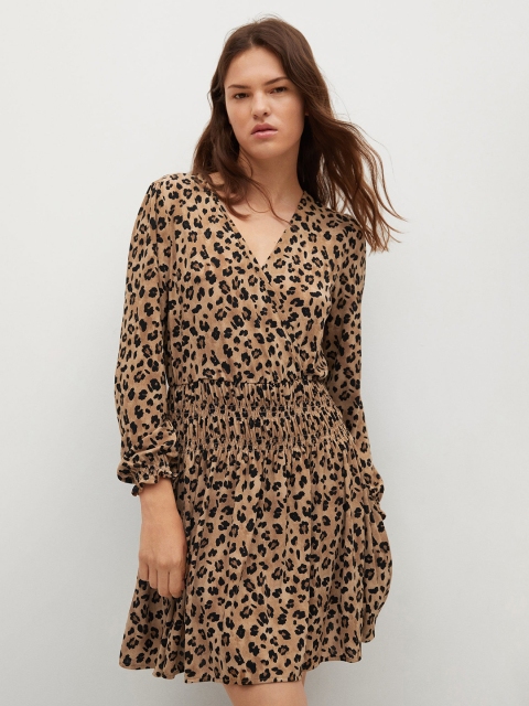 

MANGO Women Beige & Black Animal Print Wrap Dress