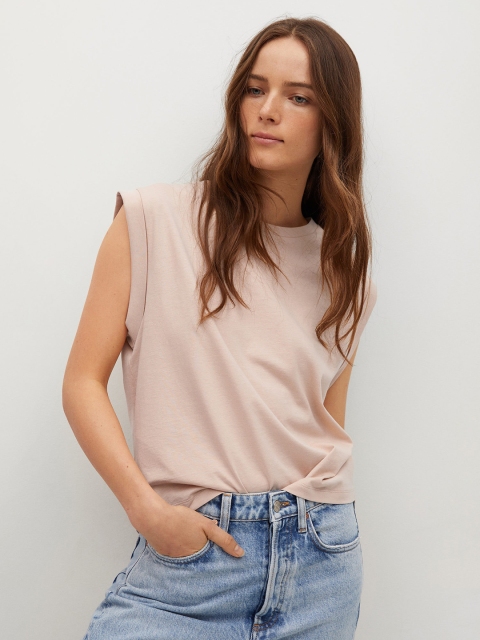 

MANGO Women Beige Pure Cotton Solid Pure Cotton T-shirt