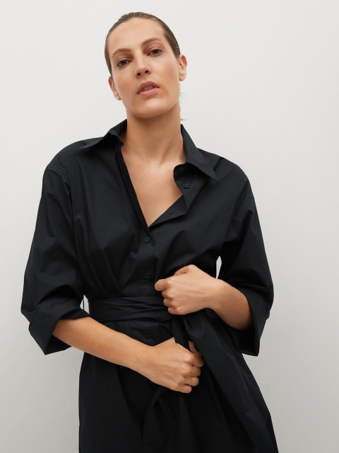 

MANGO Black Solid Shirt Midi Dress with Belt