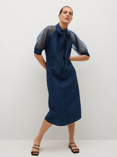 

MANGO Teal Blue Tie-Up Neck A-Line Midi Dress