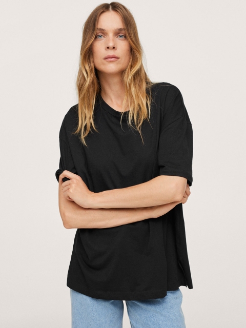 

MANGO Women Black Solid Boxy Cotton T-shirt