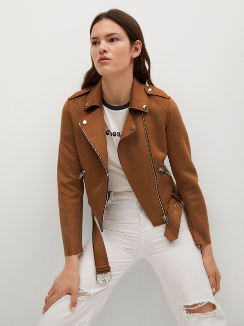 

MANGO Women Mustard Brown Solid Suede Finish Asymmetric Closure Tailored Jacket
