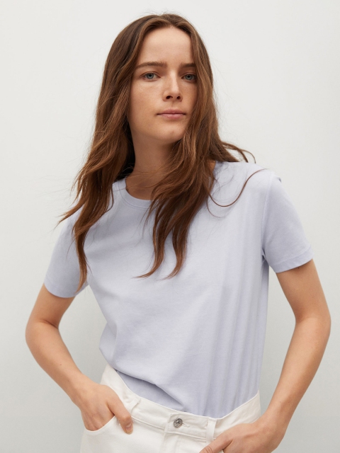 

MANGO Women Blue Solid Pure Cotton T-shirt