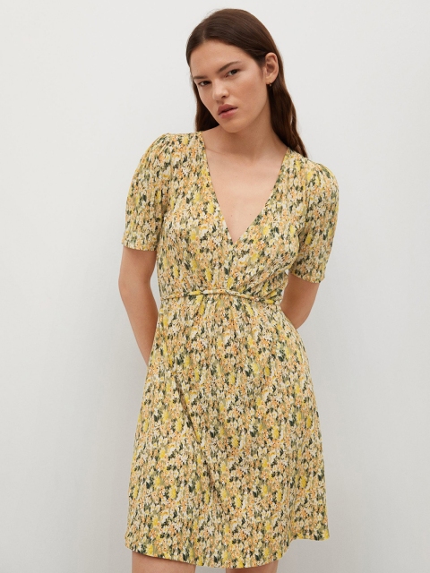 

MANGO Yellow & Green Floral A-Line Dress