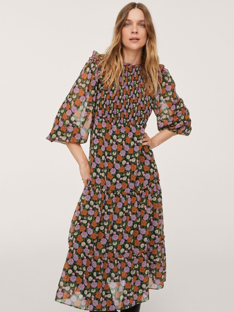 

MANGO Black & Orange Floral Print Tiered Midi A-Line Dress