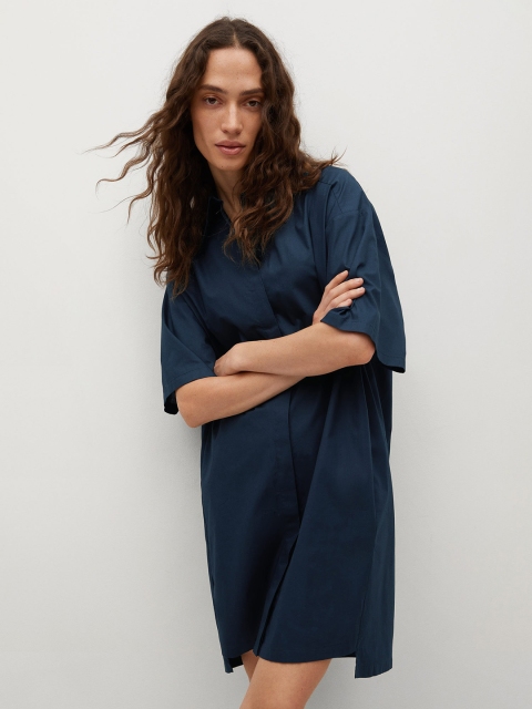 

MANGO Navy Blue Pure Cotton Solid Shirt Dress