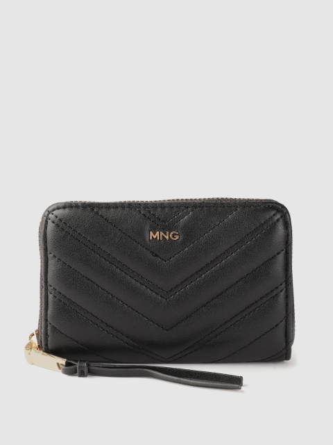 

MANGO Women Black Quilted Zip Around Wallet