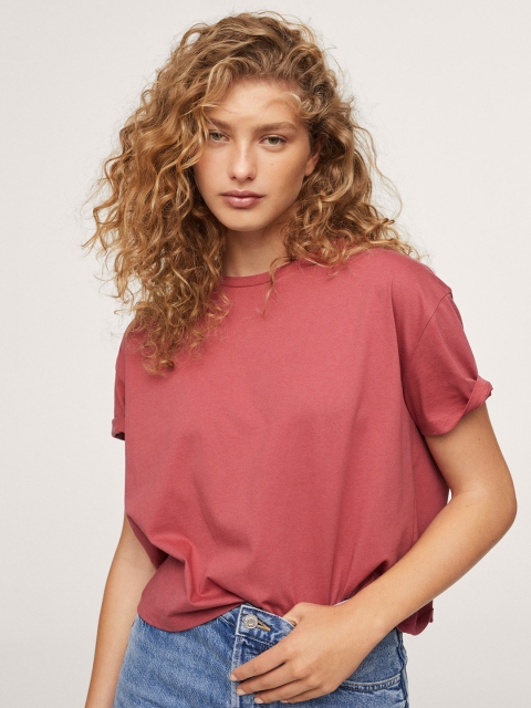 

MANGO Women Pink Cotton T-shirt