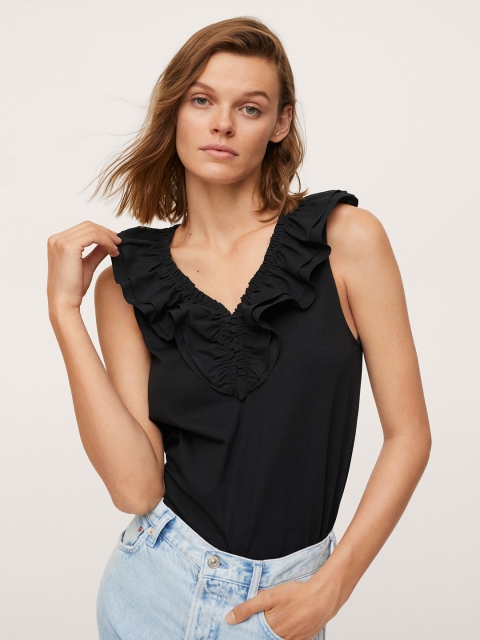 

MANGO Black Cotton Ruffles Regular Top