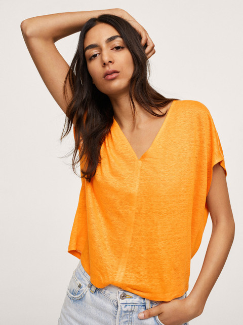 

MANGO Women Yellow Solid Pure Linen Extended Sleeves Styled Back Top