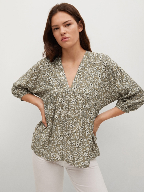 

MANGO Olive Brown & White Floral Print A-Line Top