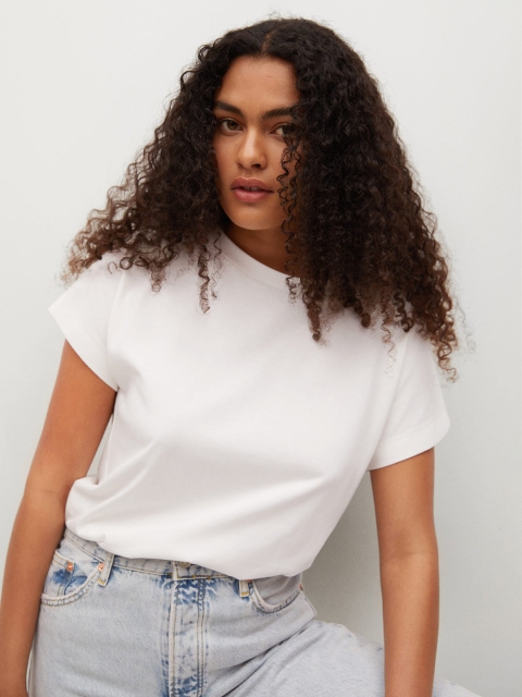 

MANGO Women White Solid Pure Cotton T-shirt