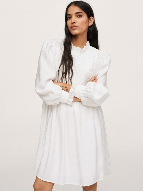 

MANGO White Geometric Self Design A-Line Dress