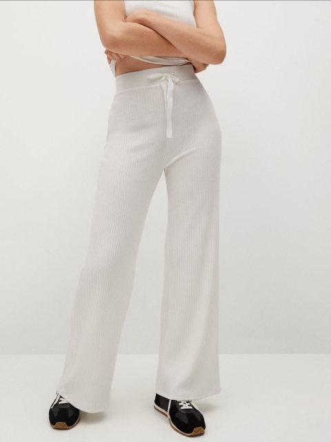 

MANGO Women White Ribbed Parallel Trousers