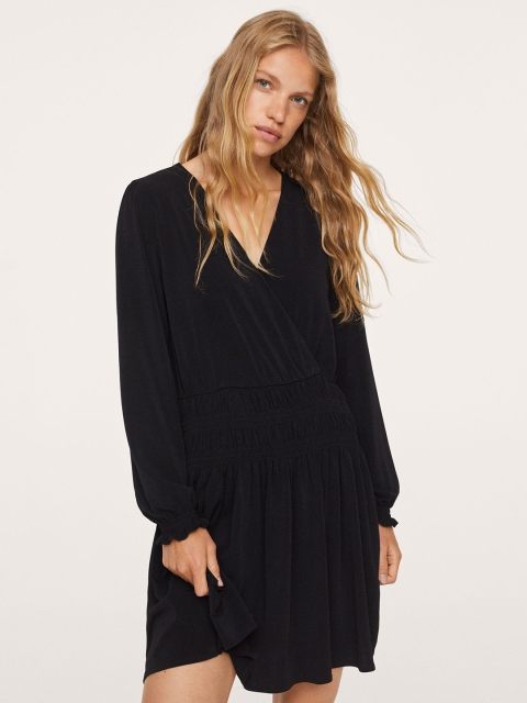 

MANGO Black Solid Smocked Wrap Dress