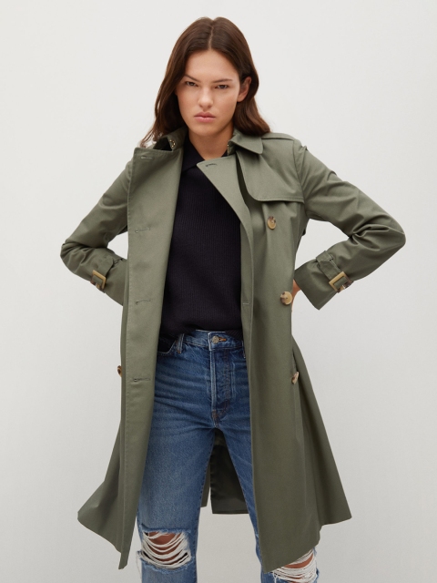 

MANGO Women Olive Green Solid Double Breasted Pure Cotton Trench Coat