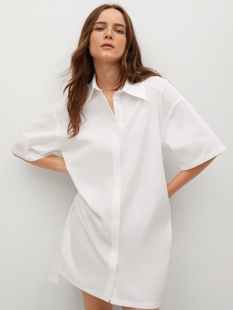 

MANGO White Solid Cotton Oversized Shirt Dress