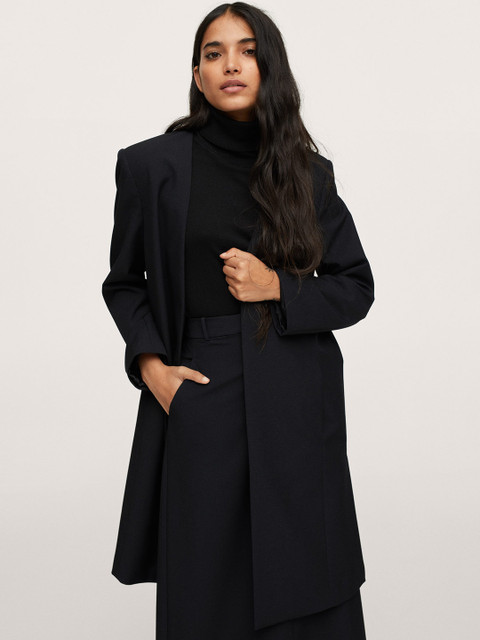 

MANGO Women Black Solid Regular Fit Longline Over Coat