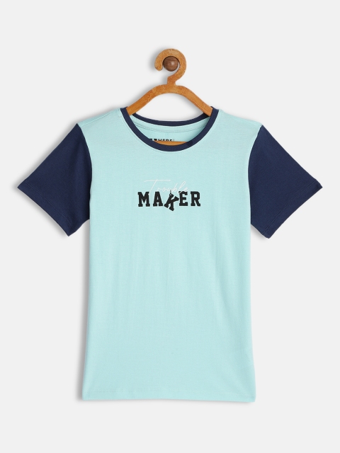 

HERE&NOW Boys Turquoise Blue Typography Printed Pure Cotton T-shirt