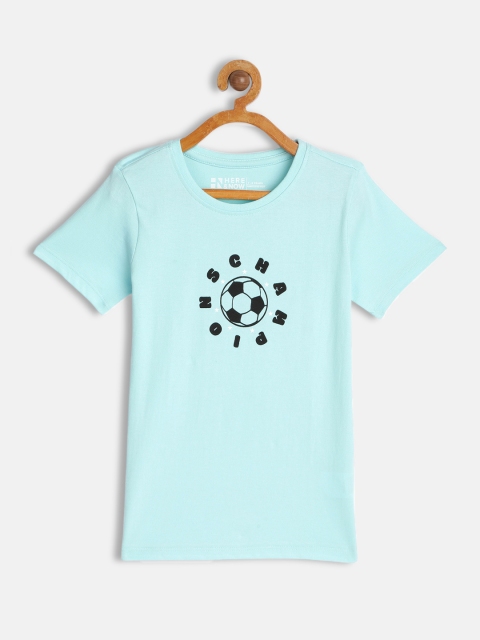 

HERE&NOW Boys Turquoise Blue Typography Printed Pure Cotton T-shirt