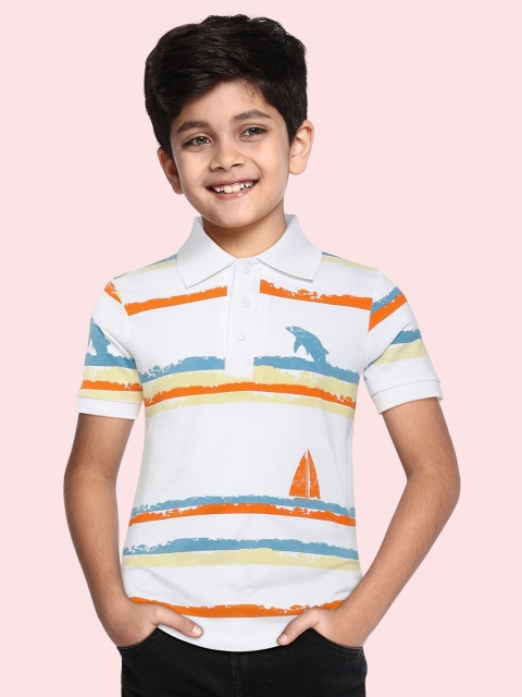 

HERE&NOW Boys White & Blue Conversational Printed Polo Collar Pure Cotton T-shirt